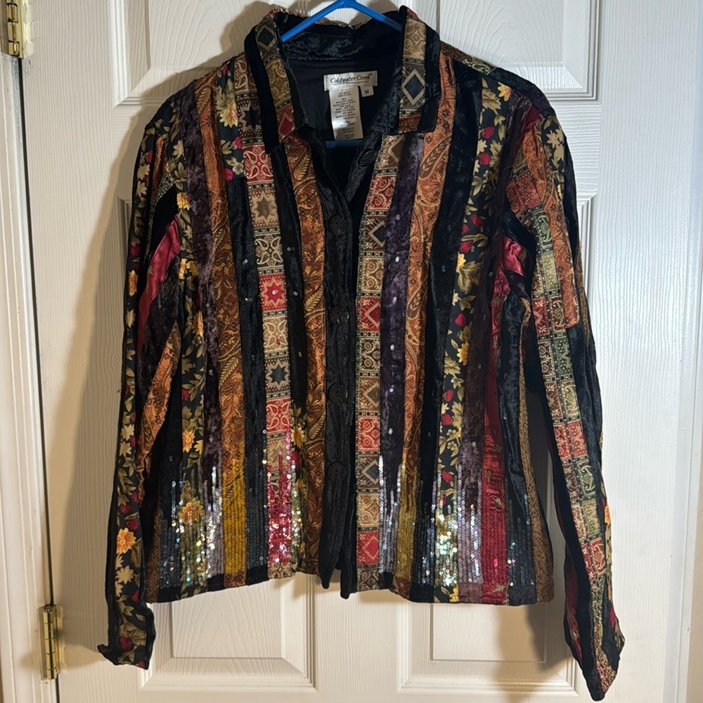 Coldwater Creek Black Velvet Sequined‎ Ribbon Patchwork Button Up Jacket - M